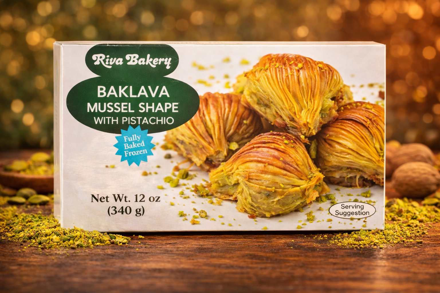 4366DC0E-78C2-424E-85CA-62A3F2BBD1BC Riva Bakery Baklava Midye Antep Fistikli / Baklava Midye with Pistachio 12 OZ / 340 GR - Image 1