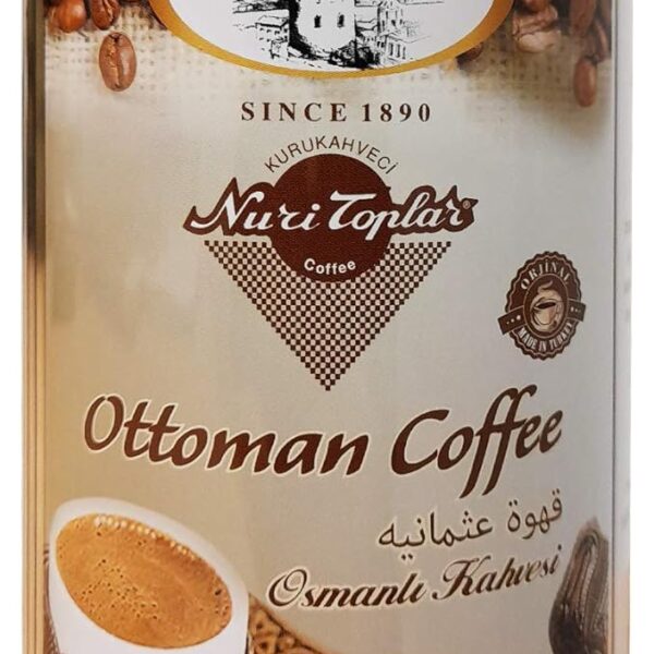 Kurukahveci Nuri Toplar Turkish Ground Ottoman Coffee Roasted in Wood Fire Roller Metal Box - 250 GR