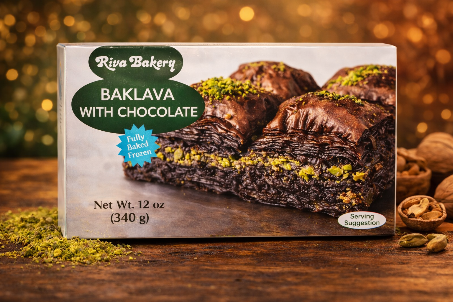 AC835C96-BC18-4652-BB63-08060B8048F6 Riva Bakery Baklava Cikolatali Antep Fistikli / Choco Baklava with Pistachio - 12 OZ - 340 GR - Image 1