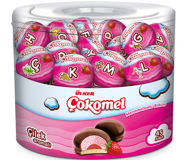 Ulker Cilek Aromali Cokomel / Chocolate Covored Strawberry Marshmallow Biscuit 180 GR